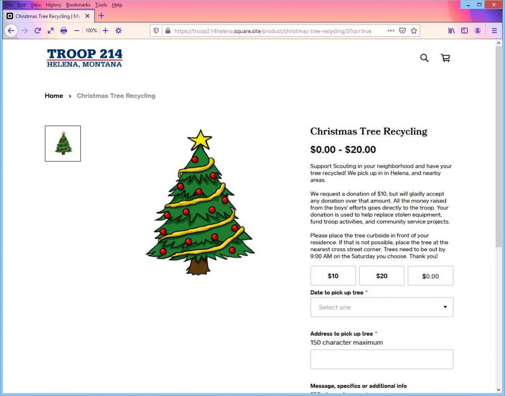 Scouts Troop 214 Christmas Tree Recycling web page.