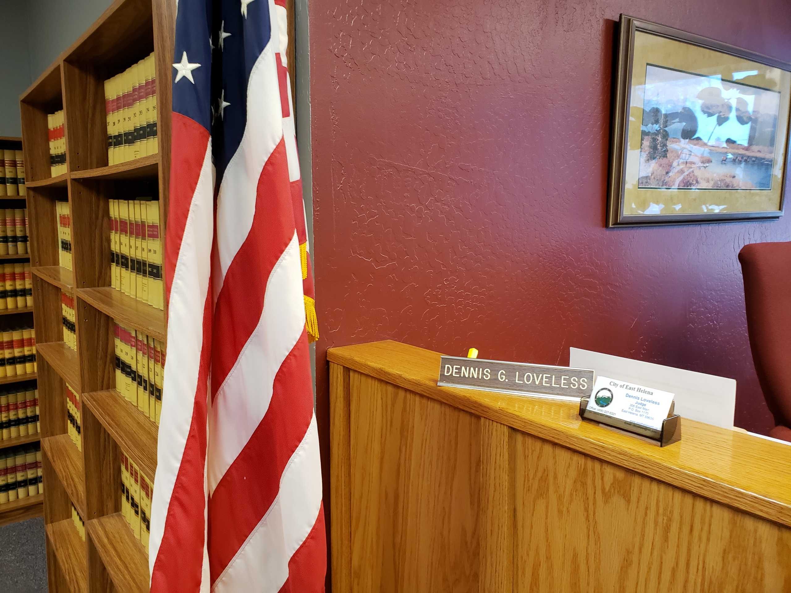 East Helena City Courtroom with U.S. flag and Judges bench.